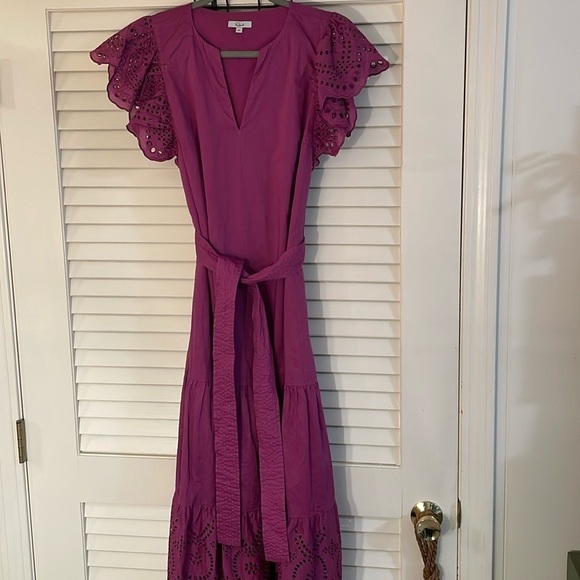 Rails GIA Berry Poplin Cotton Midi Eyelet Lace Ruffled Tie Front Midi Dress XS